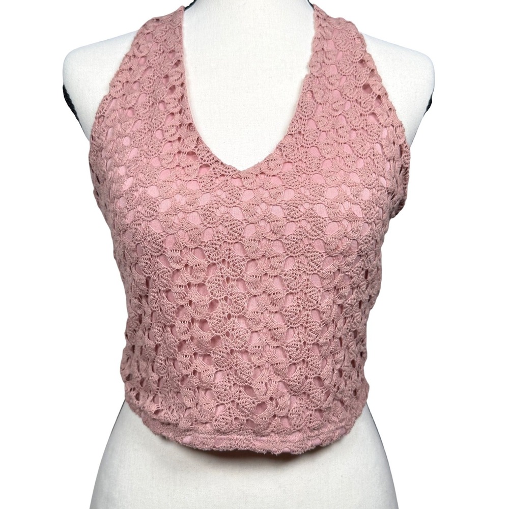 Garage‎ Halter Crop Top Women M Pink Excellent Crochet Lace Boho V-Neck